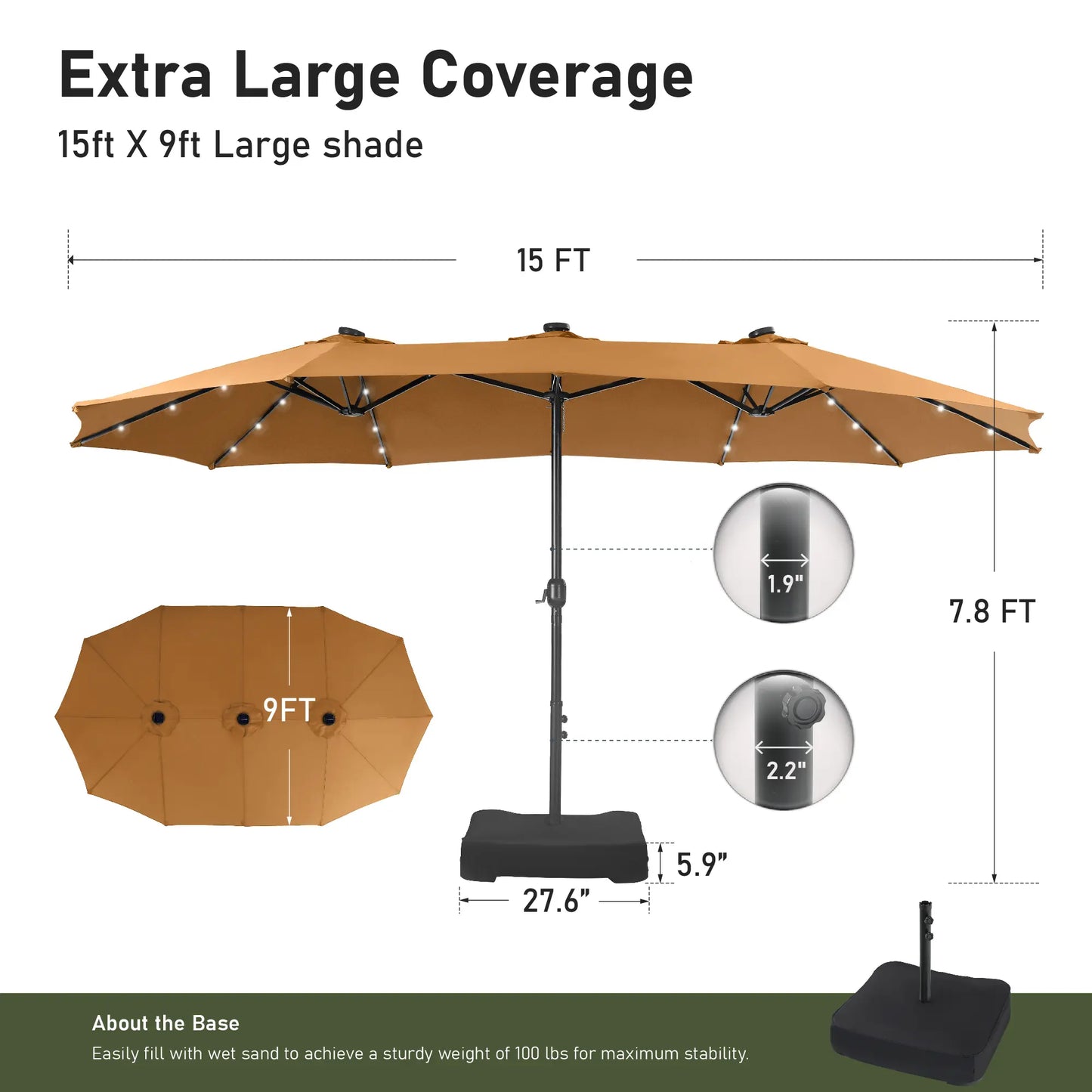 15Ft Extra-Large Double-Sided Patio Umbrella | Waterproof Outdoor Canopy with Base & Solar LED Option