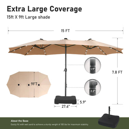 15Ft Extra-Large Double-Sided Patio Umbrella | Waterproof Outdoor Canopy with Base & Solar LED Option
