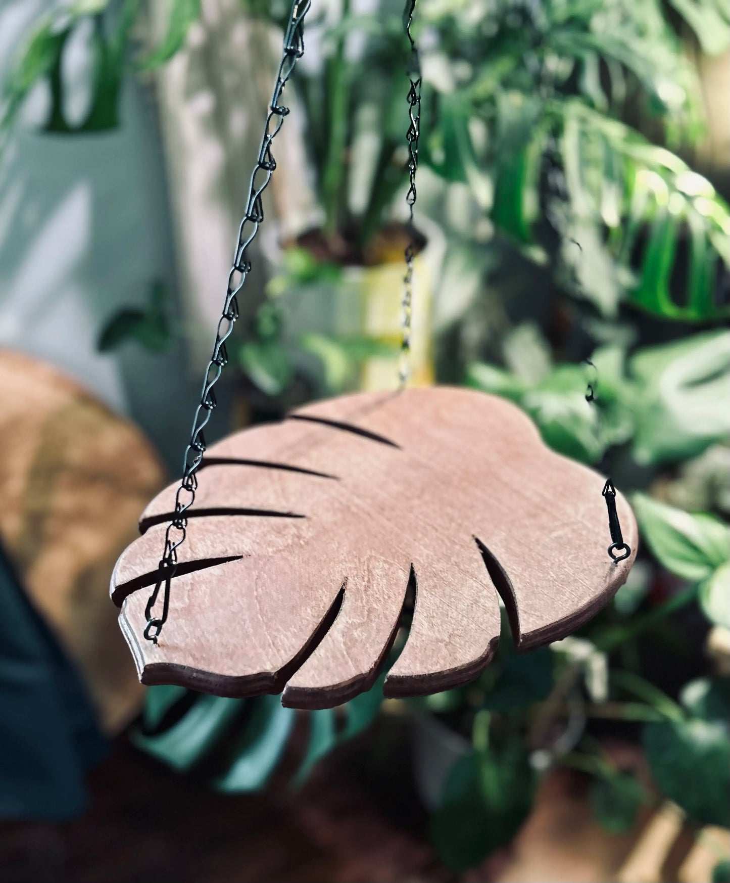 Handmade Monstera Leaf Wooden Plant Hanger with Metal Chain | Indoor & Outdoor Hanging Planter Decor