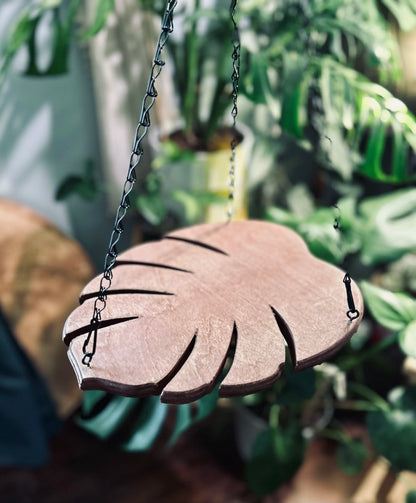 Handmade Monstera Leaf Wooden Plant Hanger with Metal Chain | Indoor & Outdoor Hanging Planter Decor