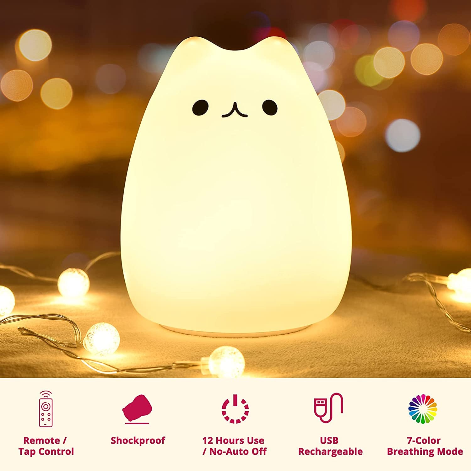 Kawaii Cat Night Light – Remote-Controlled Kids Bedroom Lamp