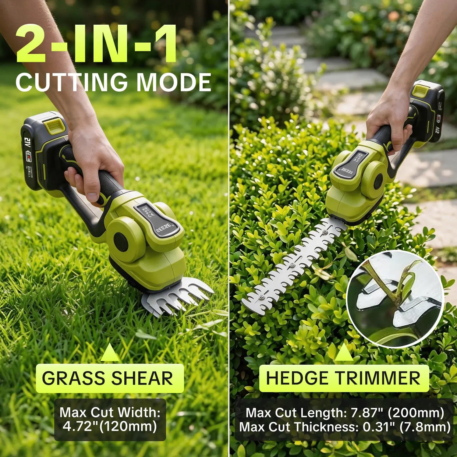 Cordless 2-In-1 Grass Shear & Shrub Trimmer | Lightweight Handheld Electric Hedge Clipper (Includes 2x 21V Batteries)