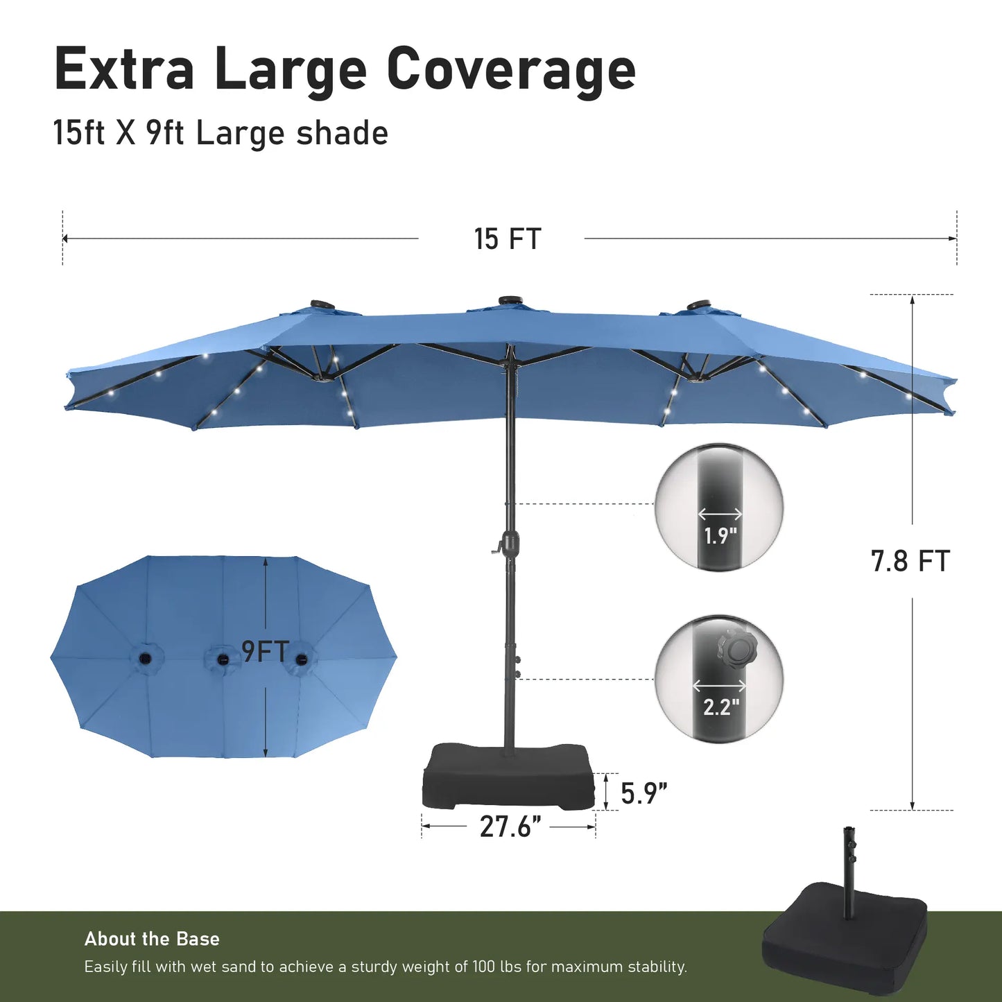 15Ft Extra-Large Double-Sided Patio Umbrella | Waterproof Outdoor Canopy with Base & Solar LED Option